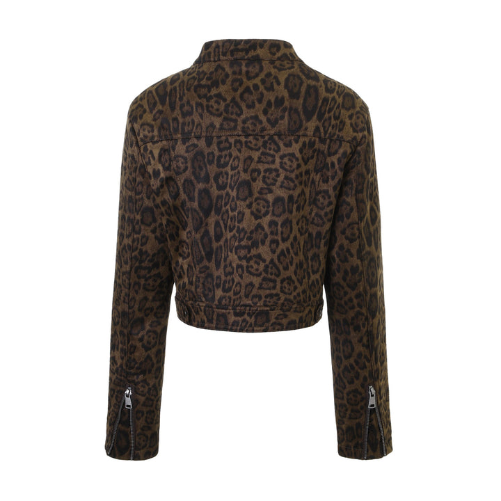Dam kort jacka med Leopard mönster och ståkrage