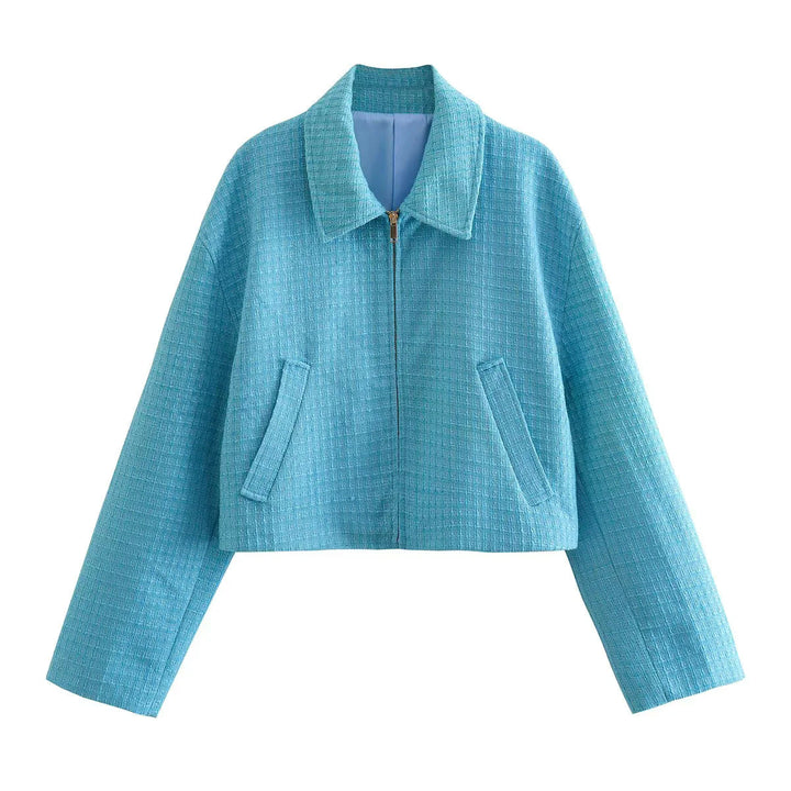 Dam cropped boxy tweed jacka med skjortkrage, concealed dragkedja och piped fickor