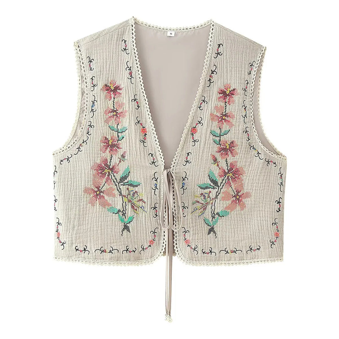 Dam embroidered Boho väst med V-neck, front lacing och fin spets kant
