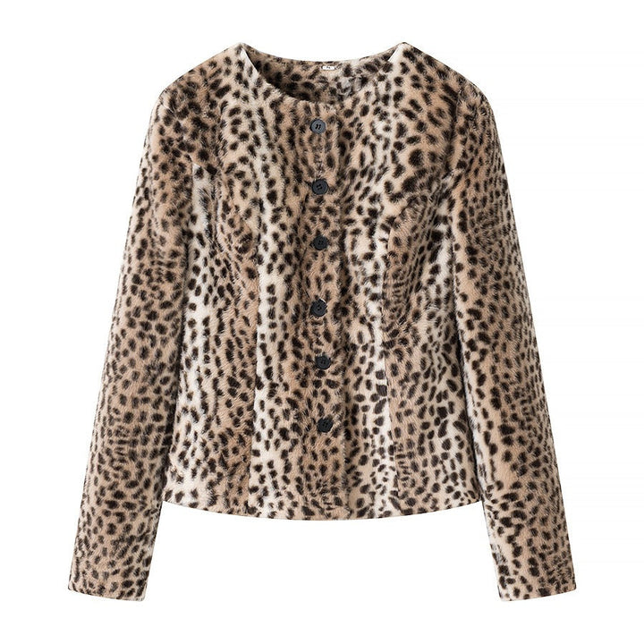 Dam Kort Jacka Gjord av Konstpäls med Leopardmönster och Knapplist