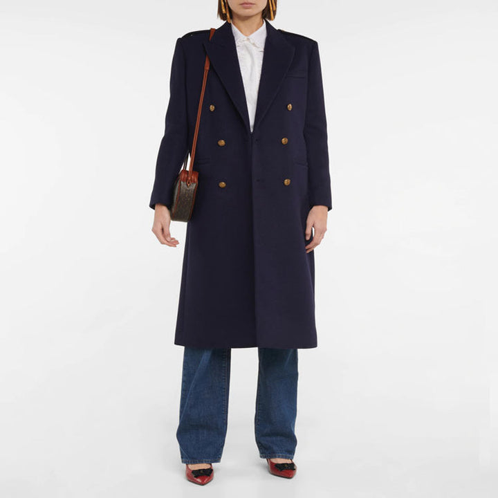 Dam Double-breasted ullblandning lång kappa med Epaulettes och Structured Tailoring silhuett