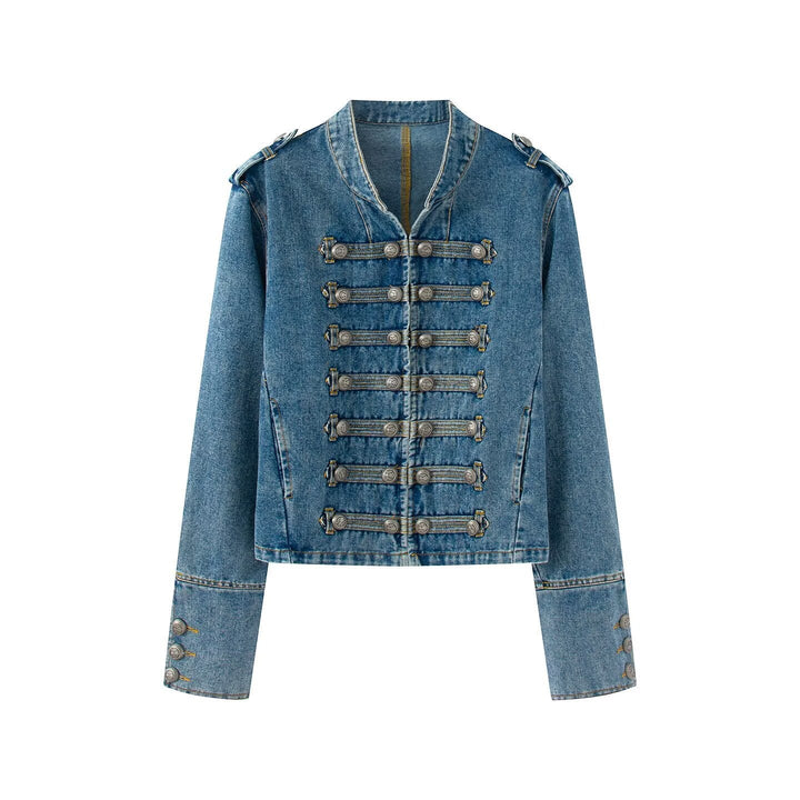 Dam Denimjacka i Military Stil med Dekorativ Knapp Knäppning