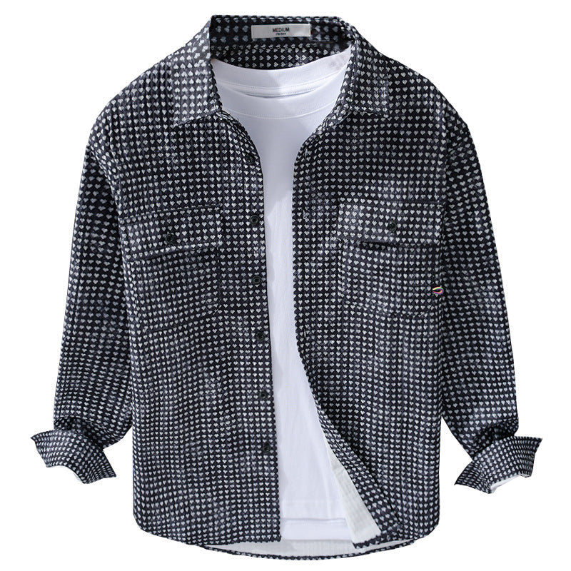 Herr Skjortjacka-Overshirt Tillverkad av Bomullsblandning med Mini Heart Heltäckande Tryck och Bröstfickor