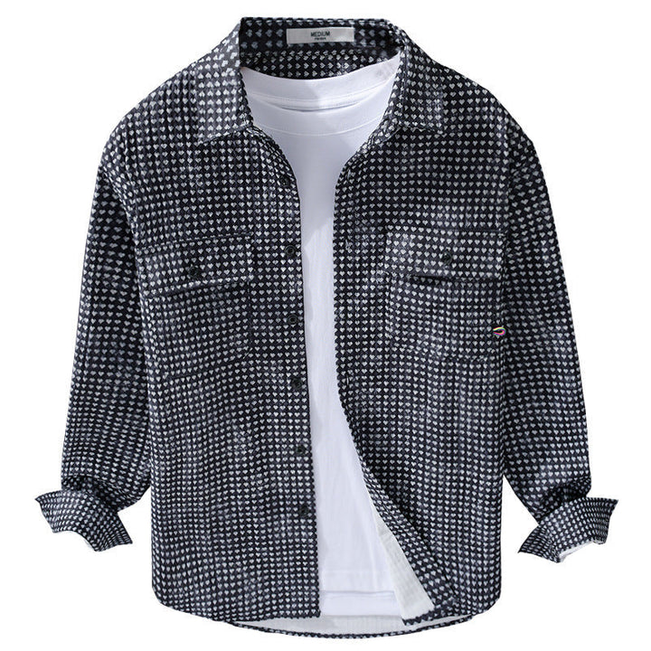 Herr Skjortjacka-Overshirt Tillverkad av Bomullsblandning med Mini Heart Heltäckande Tryck och Bröstfickor