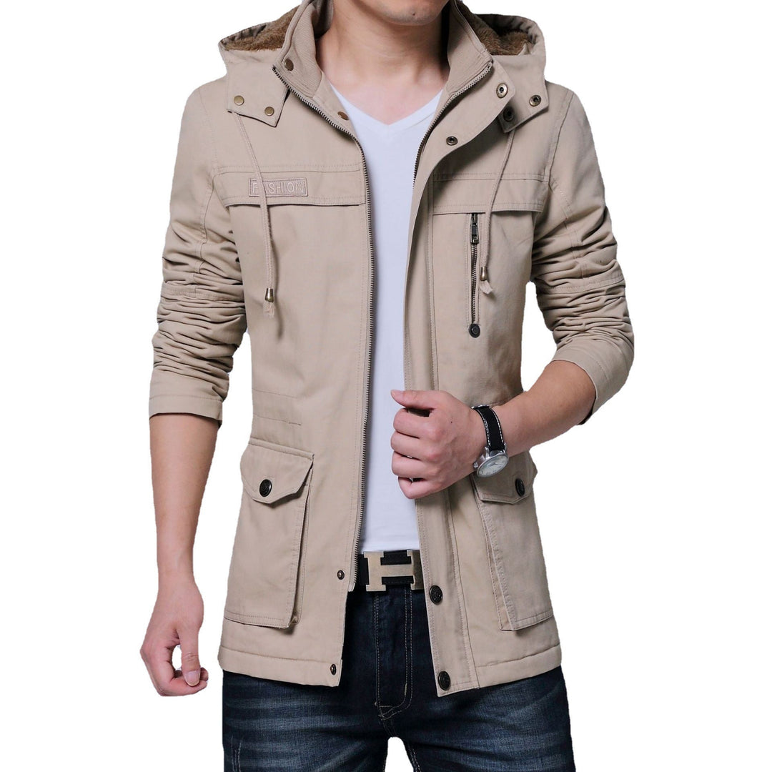 Herr Canvas Parka med Fodrad Huva, Multifunctional Fickor och Dold Dragkedja