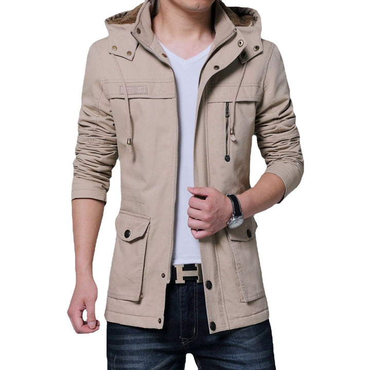 Herr Canvas Parka med Fodrad Huva, Multifunctional Fickor och Dold Dragkedja