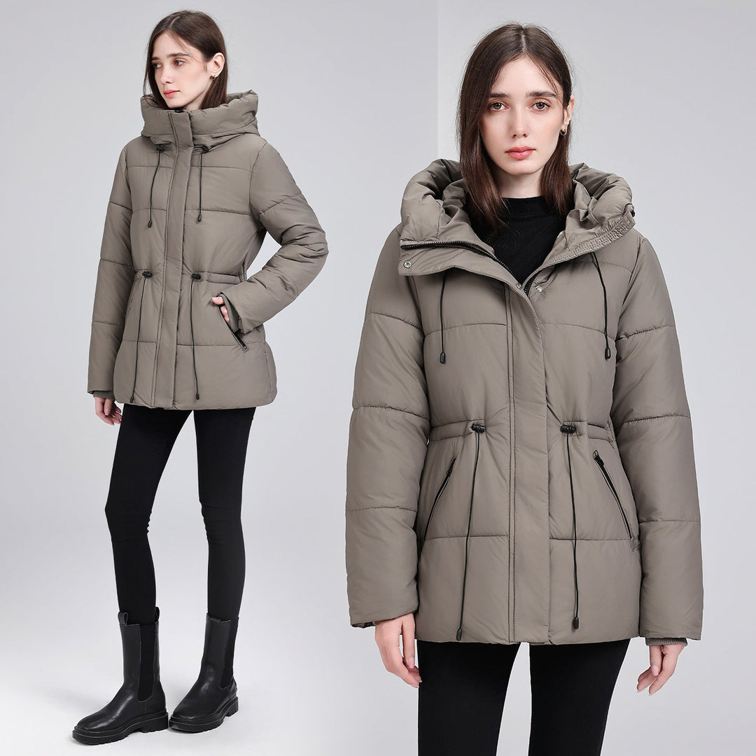 Dam vadderad Mid-Length Parka med huva, Drawstring Waist och dragkedja fickor