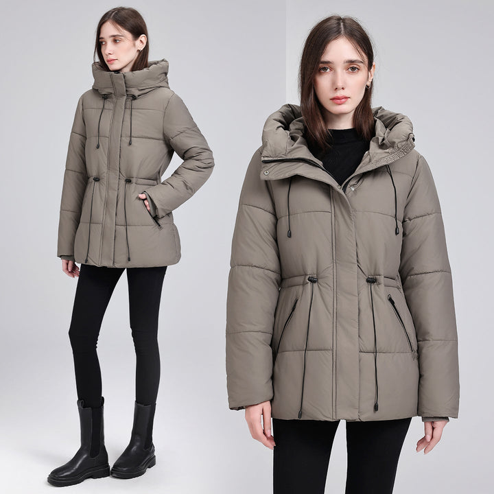 Dam vadderad Mid-Length Parka med huva, Drawstring Waist och dragkedja fickor