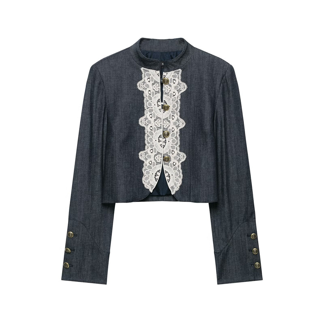 Dam Bolero-Stil Kort Jacka i Vintage Denim Stil med Lace Yoke och Brass Knappar