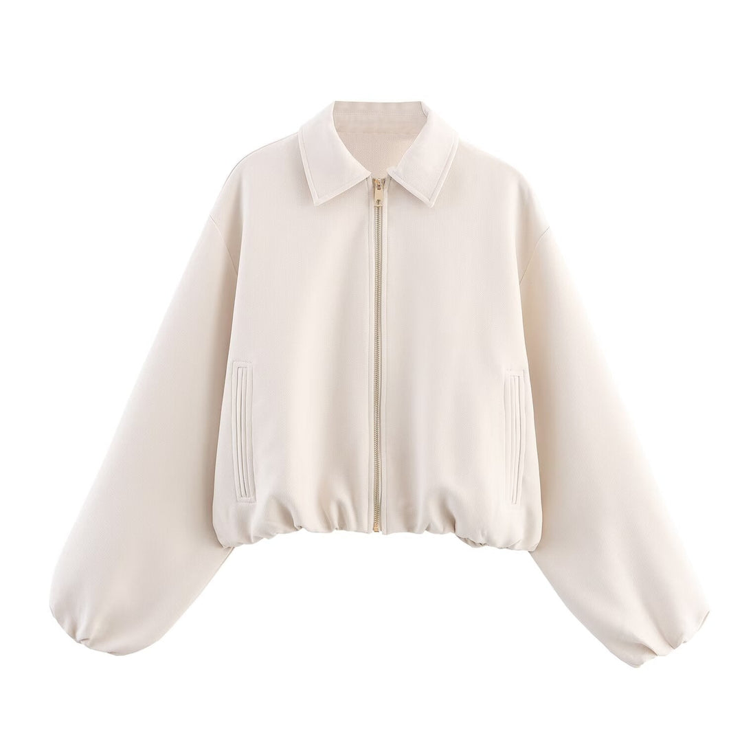 Dam 20+ Kort Oversize Blouson Jacka med Dragkedja Gathered Nederkant och Balloon Ärmar