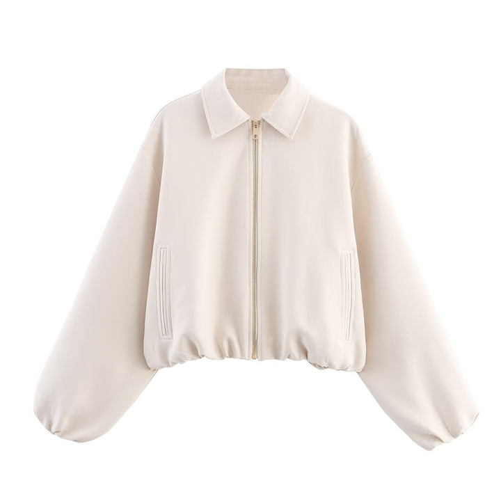 Dam 20+ Kort Oversize Blouson Jacka med Dragkedja Gathered Nederkant och Balloon Ärmar