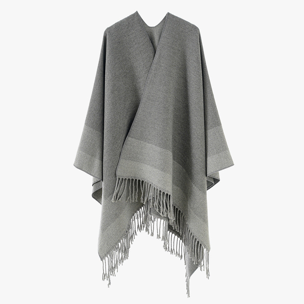 Dam Rectangular ullblandning poncho Wrap med öppen front och Fine fransfåll