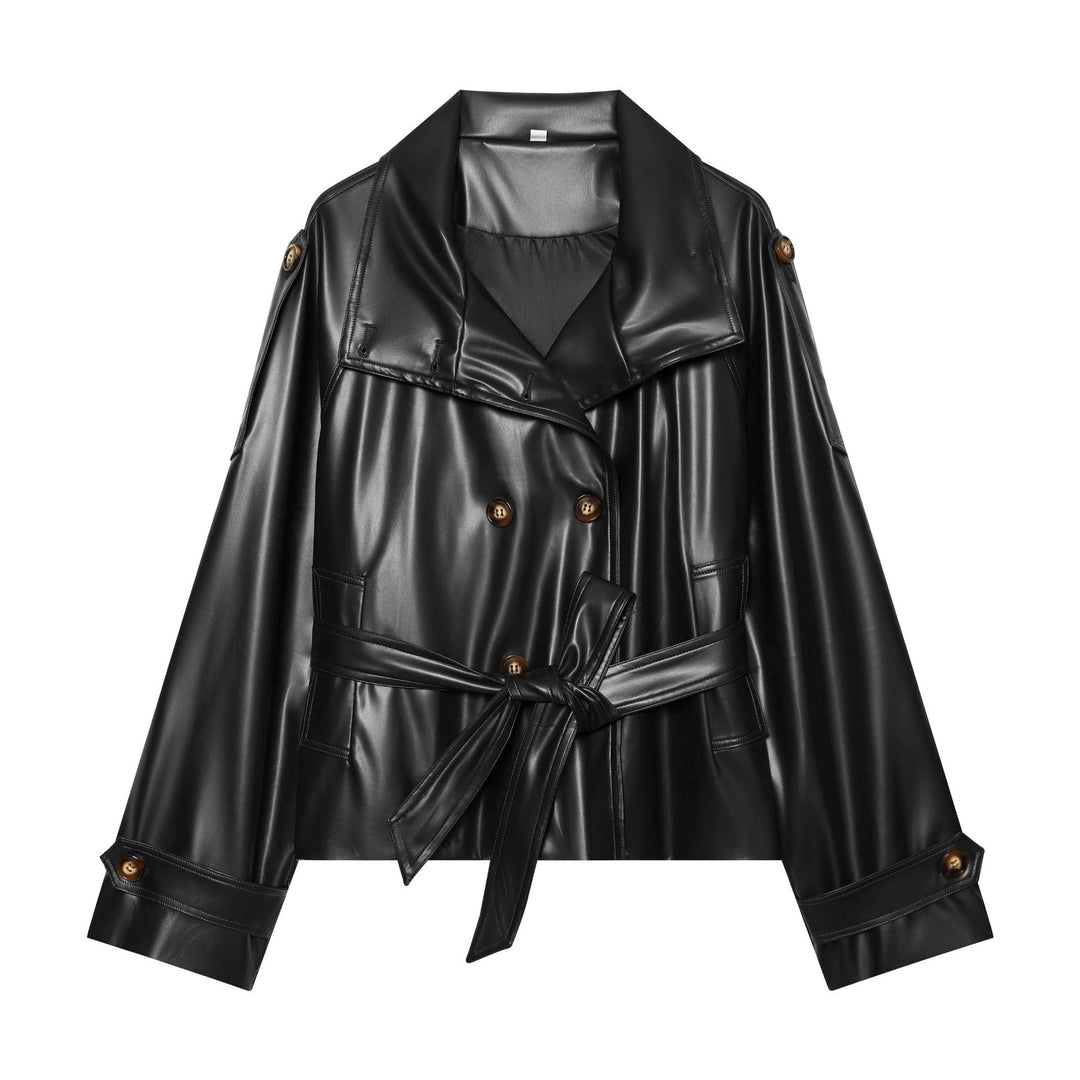Dam Kort Double-Breasted Faux Läder Trenchcoat med Waist Belt