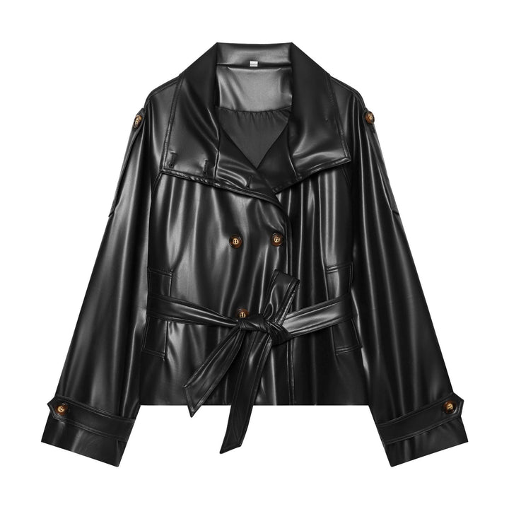 Dam Kort Double-Breasted Faux Läder Trenchcoat med Waist Belt