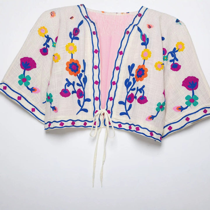 Dam Embroidered Kimono Jacka med Drawstring och Blommig Embroidery