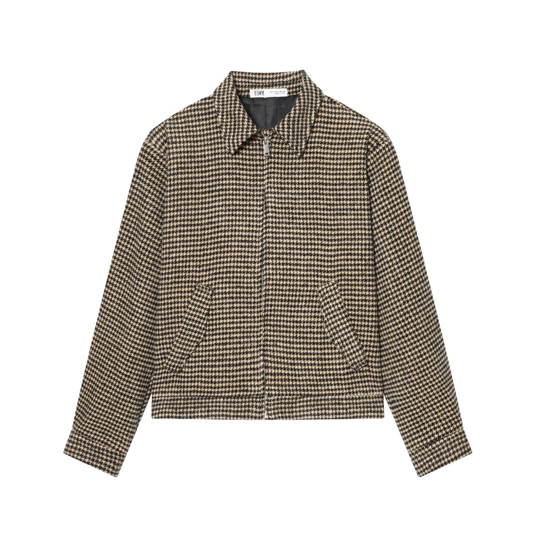 Dam Boxig Kort Jacka Gjord av Ullblandning med Houndstooth Mönster, Dragkedja och Skjortkrage