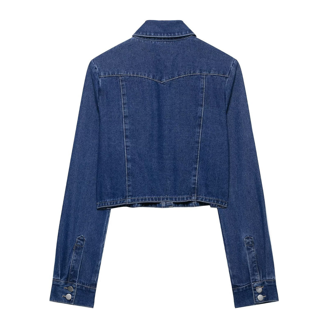 Dam Kort Skärning Denim Jacka med Bröst Fickor och Tryckknapp Slå