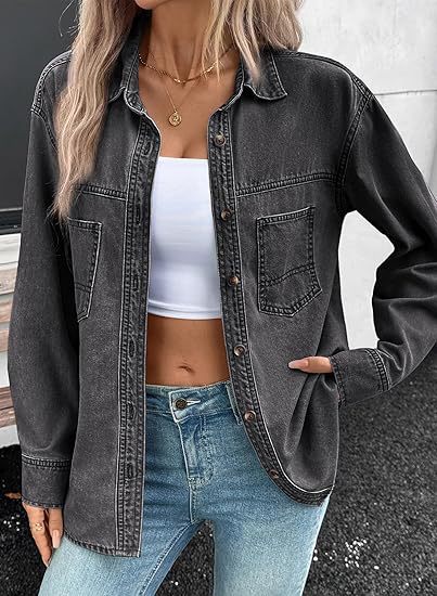Dam oversize denim skjortjacka med bröstfickor