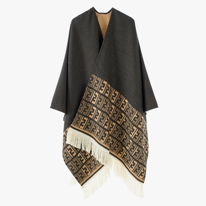 Dam Reversible capeponcho med monogram Border och fransfåll