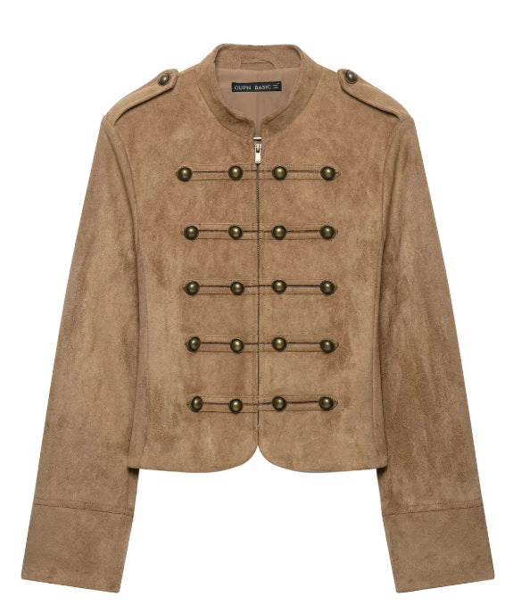 Dam Kort Jacka i Suede Look i Officer Stil med Dekorativ Knapp Knäppning