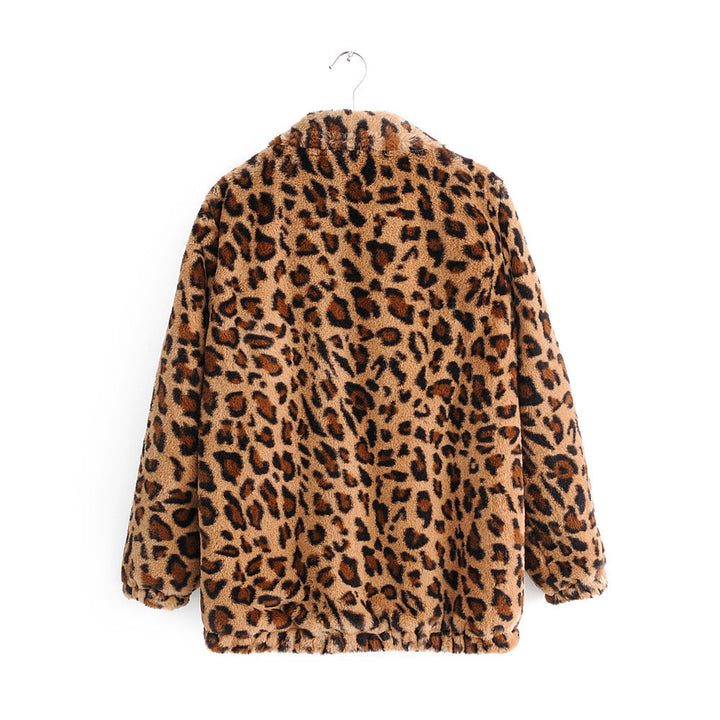 Dam faux fur jacka med leopard tryck, hel zip och elastic fåll