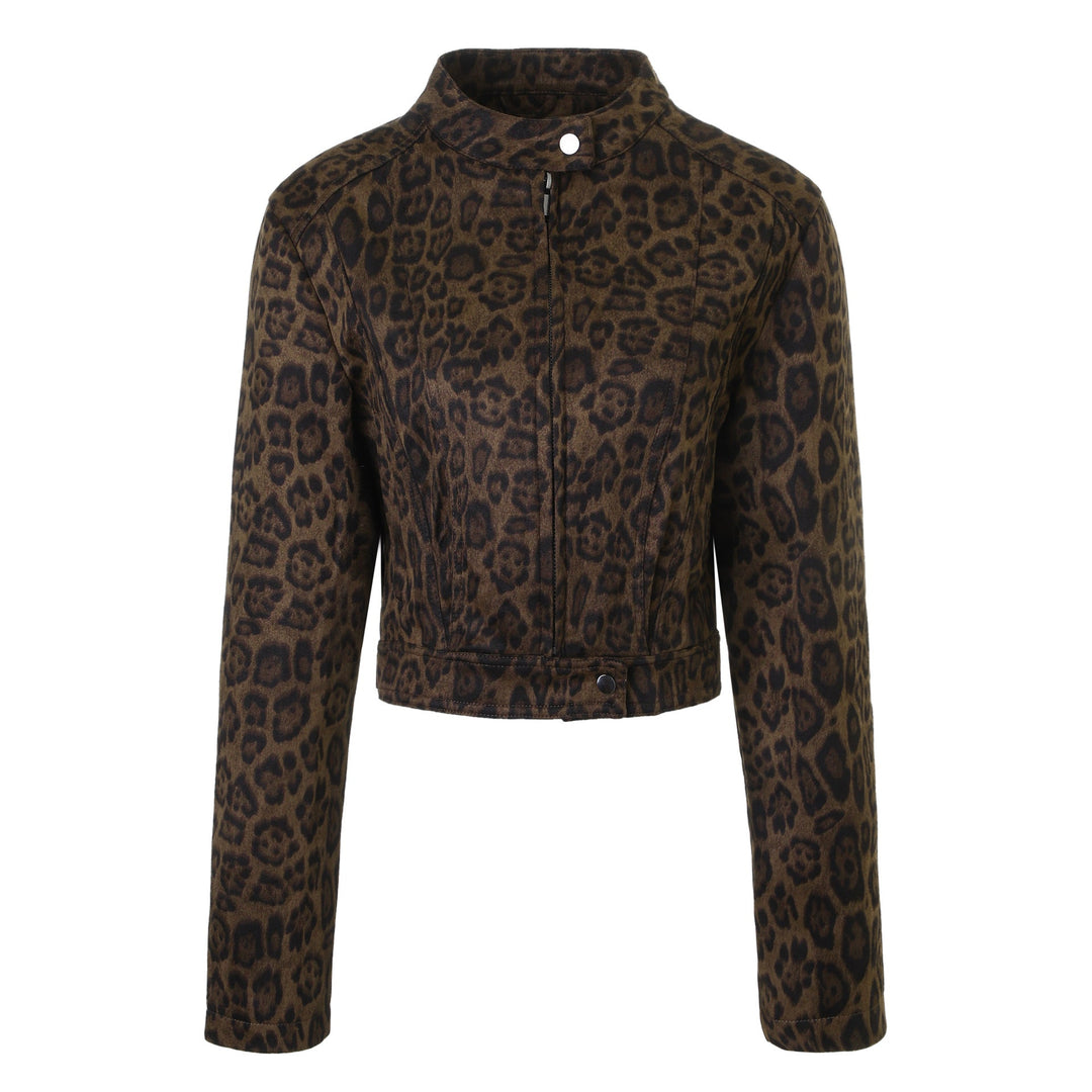 Dam Snygg Kort Jacka i Leopard Mönster