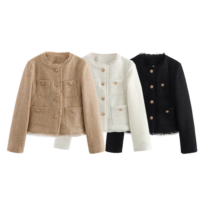 Dam kastiger Boucle blazer jacka med decorative braided knappar, påsydda fickor, och fringed fåll edge