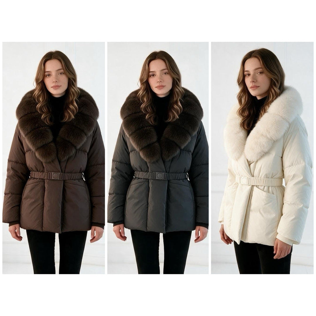 Dam skräddad kviltad jacka med oversize faux fur krage, figurnära bälte, och warming värmeisolering