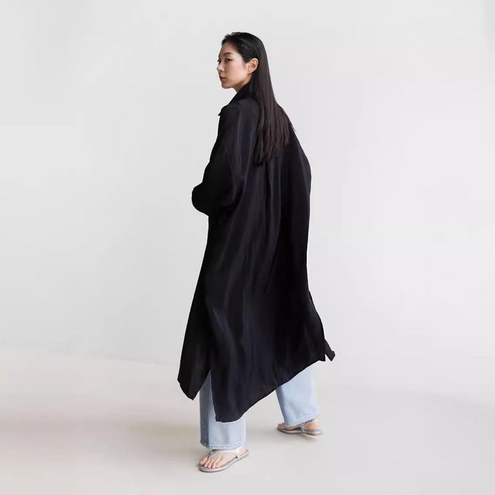 Dam lång Satin Effect Duster med Stand krage, oversized skärning och Deep Side Slits