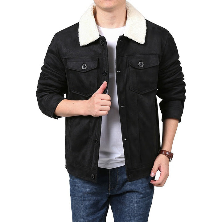 Herr Suede-Like Skjortjacka i Trucker Stil med Teddy Krage &amp; Lockfickor