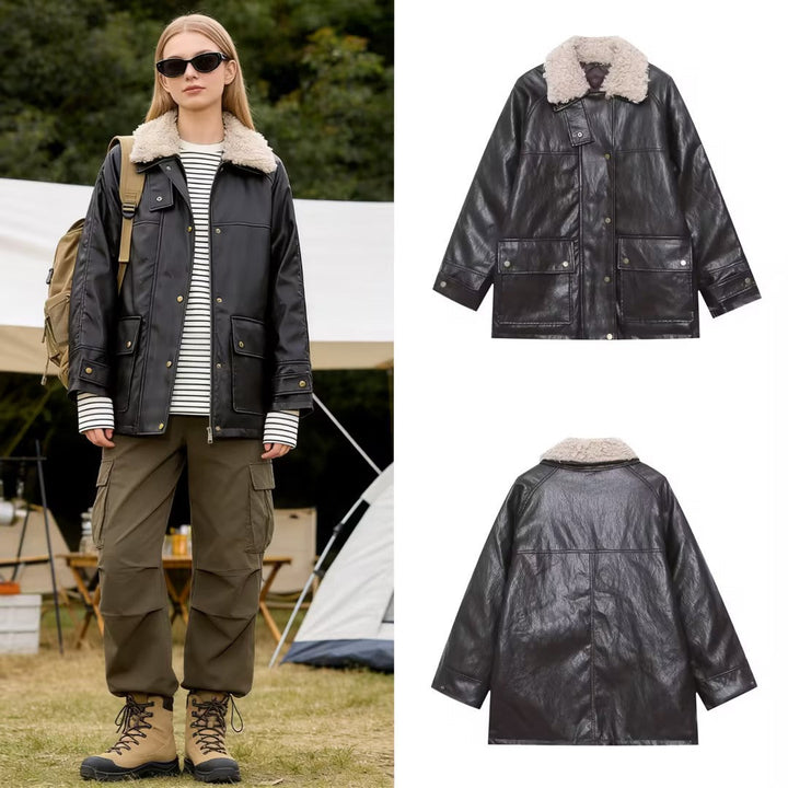 Dam Oversized Konstläder Field Jacka med Detachable Teddy Krage och Lockfickor