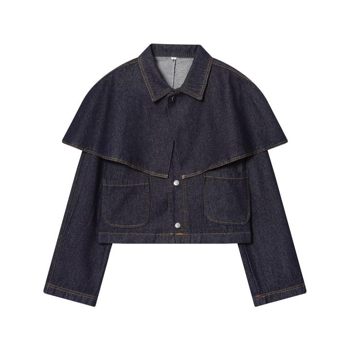 Dam kort jeans jacka med Cape Insert, Flap fickor och tryckknappar