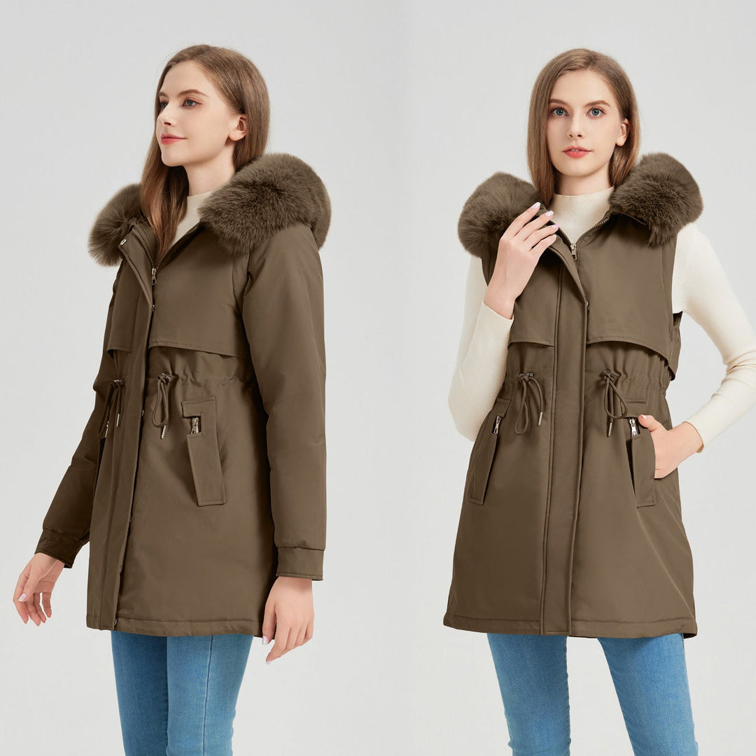 Dam funktionell parka med Avtagbar Fusk Päls Krage och Midja Drawstring