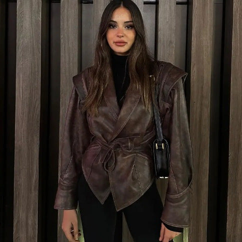 Dam 100+ Kort Wrap Jacka med Tie Belt och Eyelet Lacing Detail