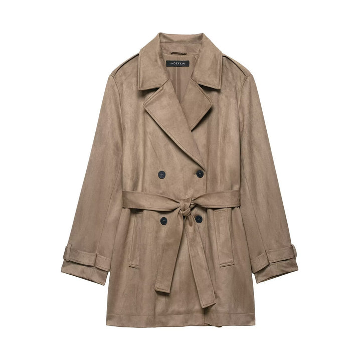 Dam Dubbel Breasted Mocka Effect Trenchcoat med Midjebälte