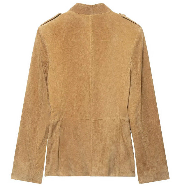 Dam Tailored Suede Jacka i Military Look med Stå Krage, Lock Fickor och Dold Knapp Knäppning