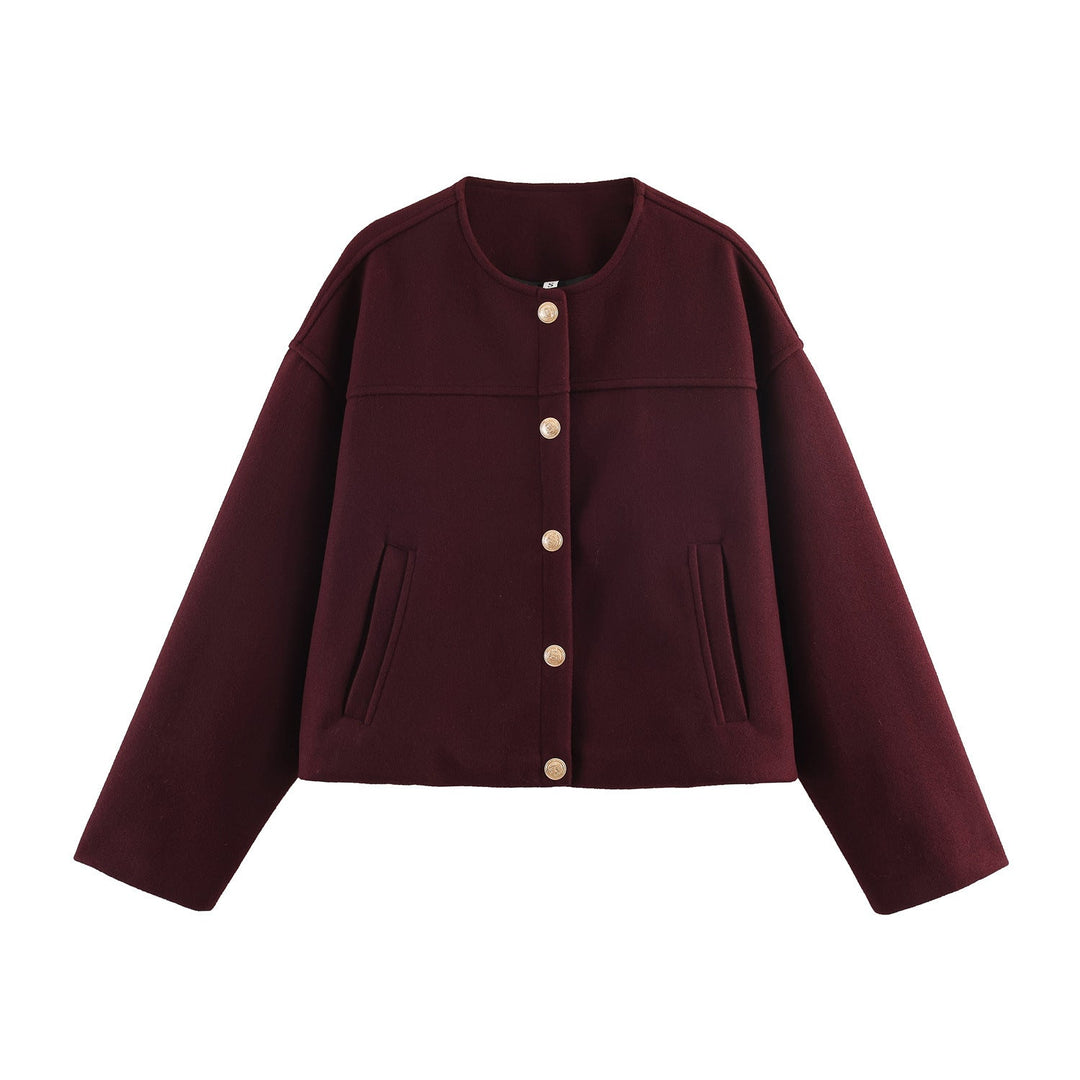 Dam Kort Boxig Ull Mix Jacka med Round Neck och Dekorativ Knapp Knäppning