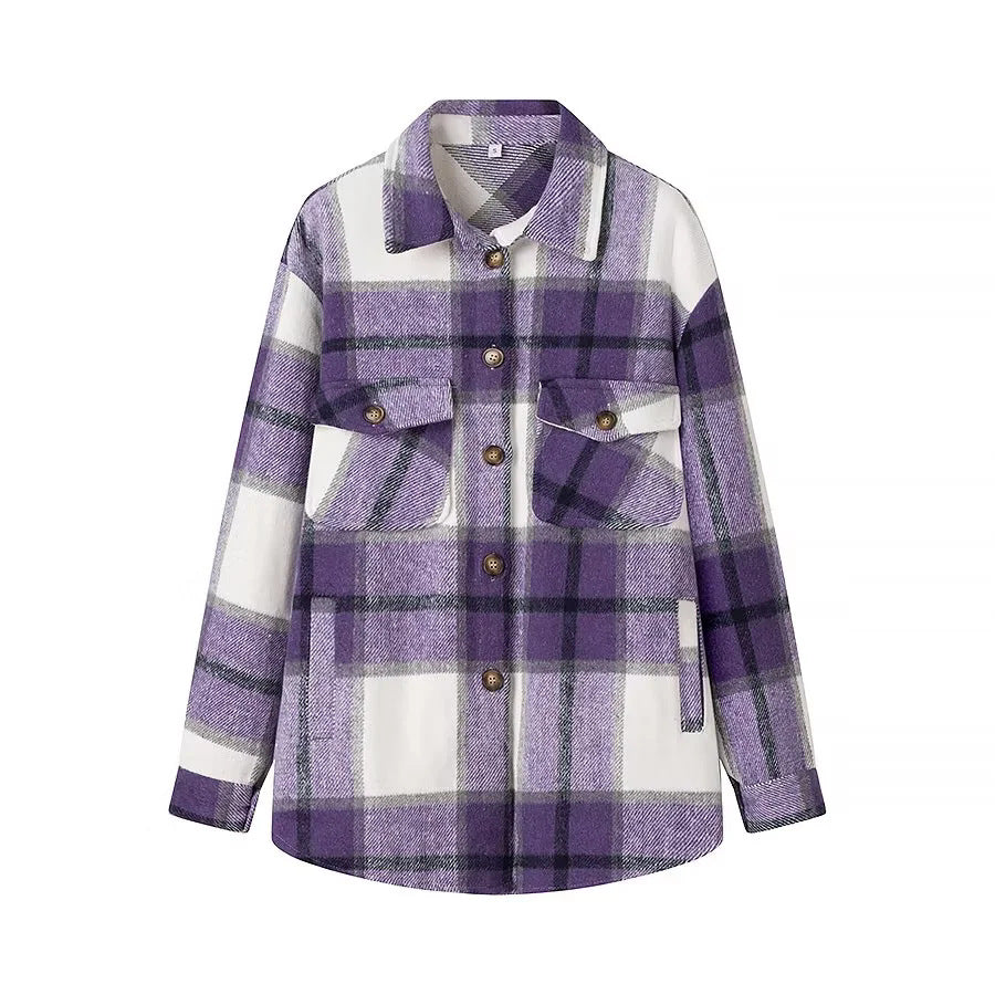 Dam rutig overshirt i shacket stil med patch bröstfickor
