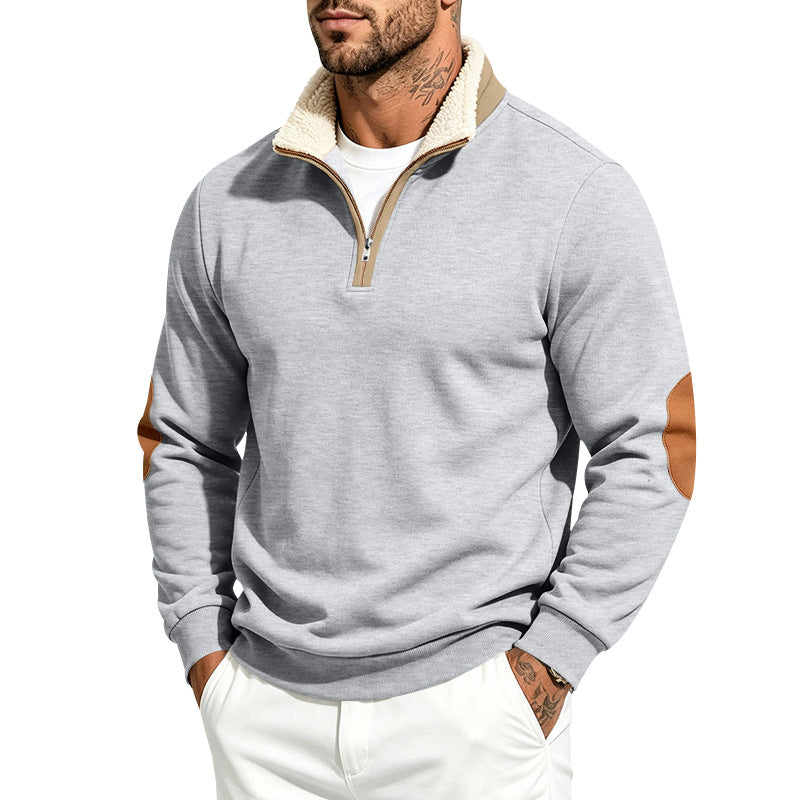 Herr Troyer Halv Dragkedja Pullover med Teddy Fleece Foder, Konstläder Elbow Lappar och Ståkrage