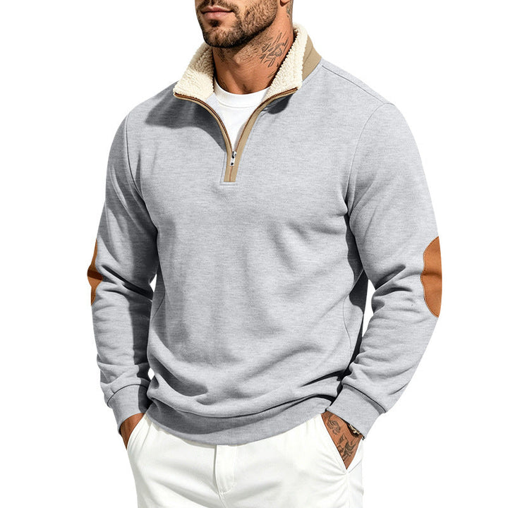 Herr Troyer Halv Dragkedja Pullover med Teddy Fleece Foder, Konstläder Elbow Lappar och Ståkrage