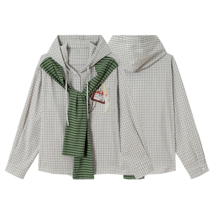 Dam Oversized Skjorta Jacka med Huva, Attached Stickad Scarf och Bröst Lapp