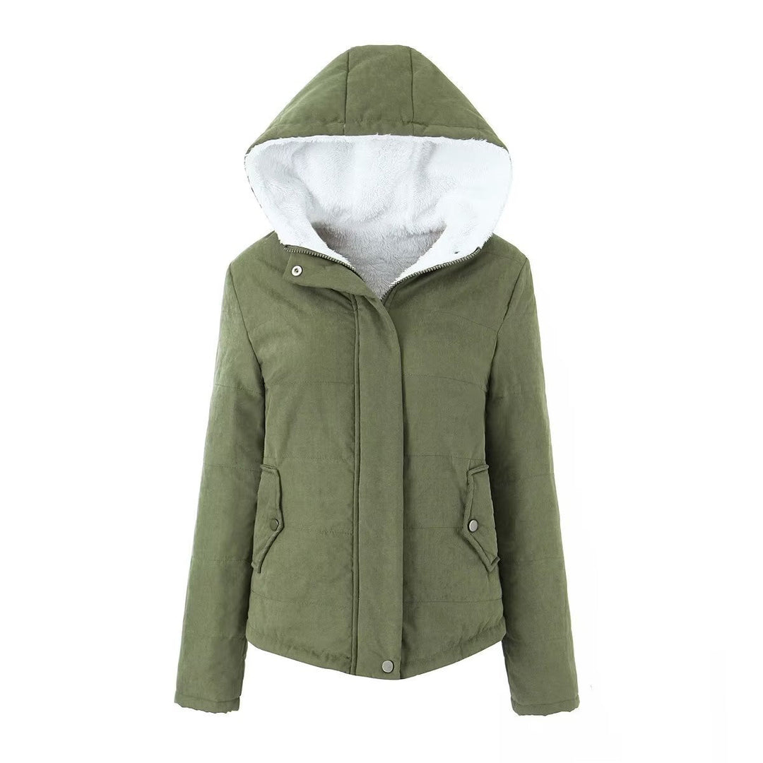 Dam quiltad huvtröja jacka med teddy foder, concealed snap knäppning och påsydda fickor