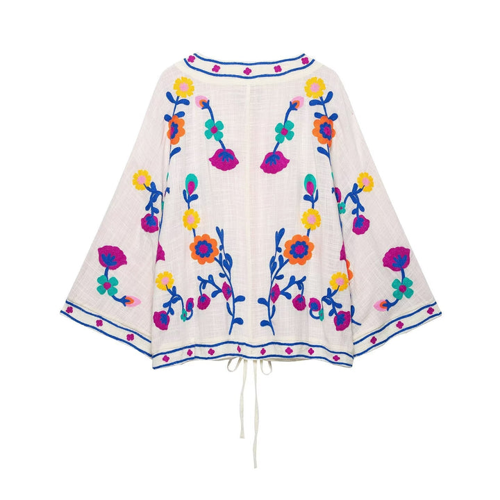 Dam Embroidered Kimono Jacka med Drawstring och Blommig Embroidery