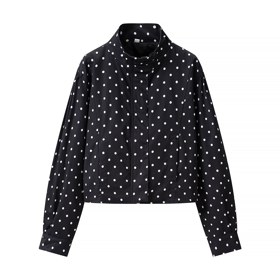 Dam Polka Dot kort jacka med Stand krage och dold Snap knappslå