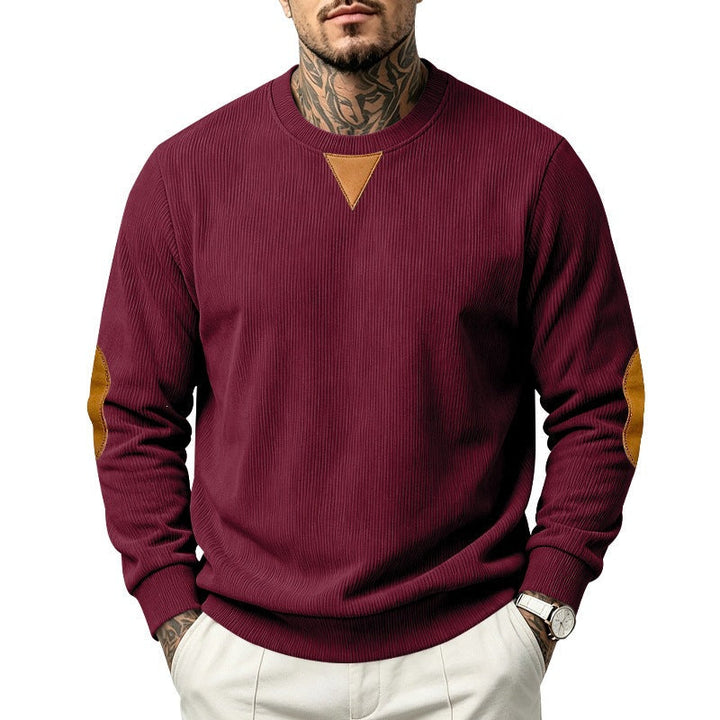 Herr College-Tröja med Textured Stickad, Elbow Lappar och Round Neckline
