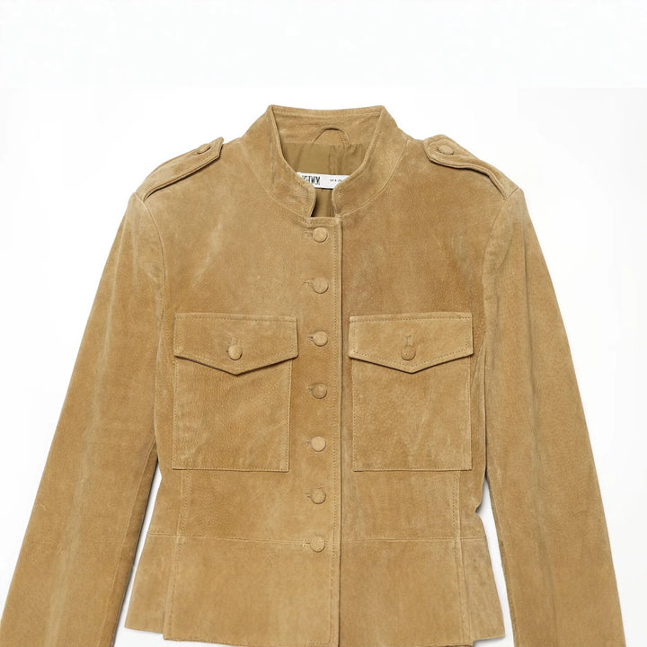 Dam Tailored Suede Jacka med Stå Krage, Lock Fickor och Shoulder Epaulettes