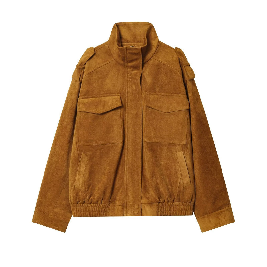 Dam Suede Fältjacka med Stå Krage, Epaulettes, och Patch Chest Fickor