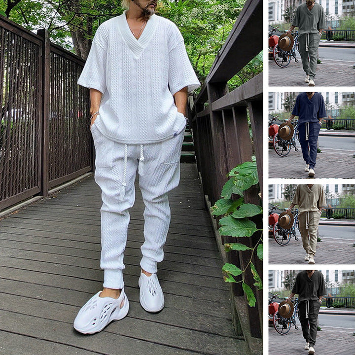 Herr Coarse Stickad Lounge Set med Deep V-ringad och Dragsko Joggingbyxor