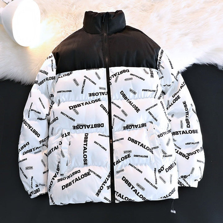 Unisex vadderad kviltad jacka med Allover Logo tryck, hög ståkrage &amp; justerbar fåll