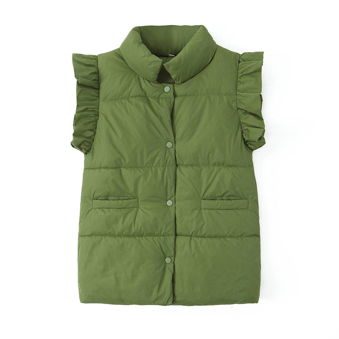 Dam sleeveless quiltad väst med ruffled ärmar, ståkrage, och concealed snap knappar